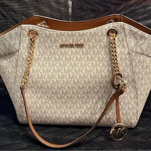 Michael Kors Cream Tote with Monogram Pattern and Gold-Toned Hardware